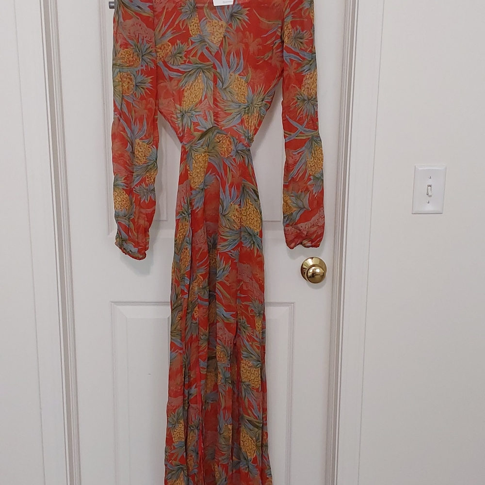 Reformation Orange Pineapple Tropical Cut Out Open Back Maxi Dress Long Sleeve